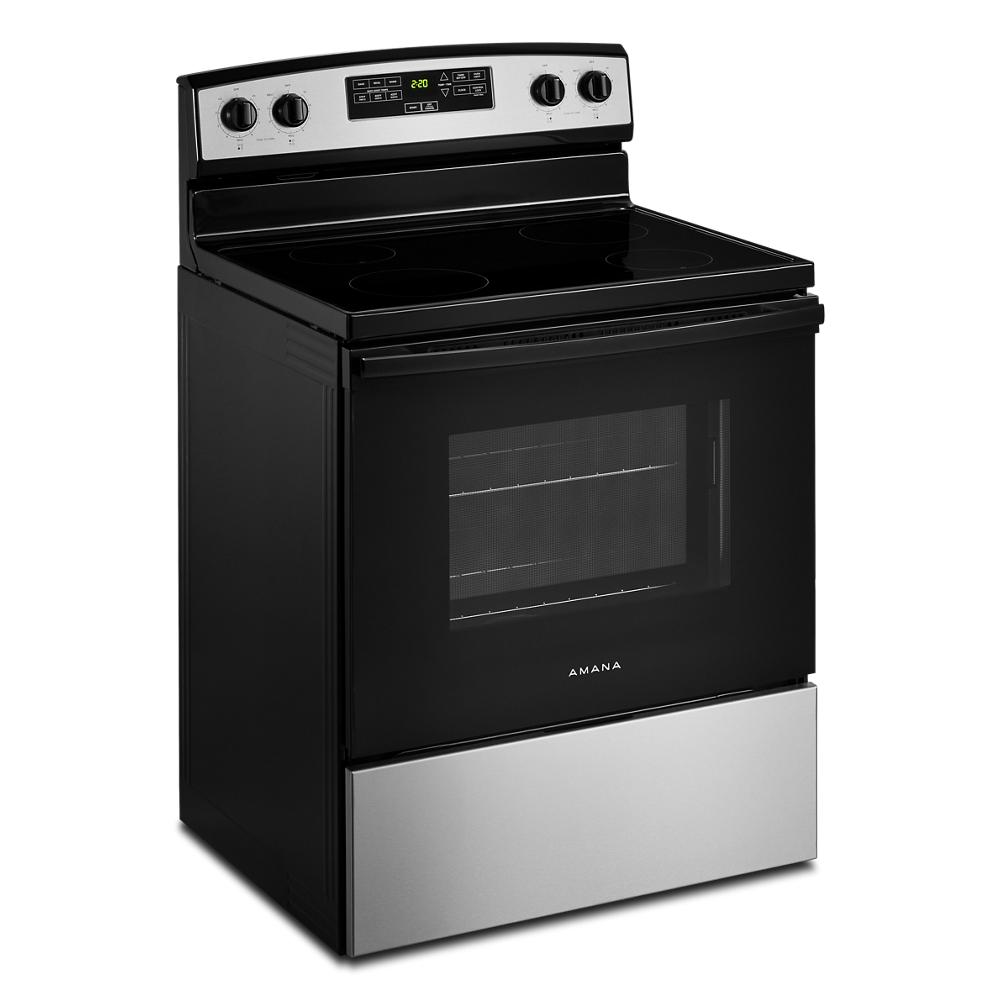 Freestanding black and stainless steel electric range with smooth cooktop and extra-large oven window from appliances collection