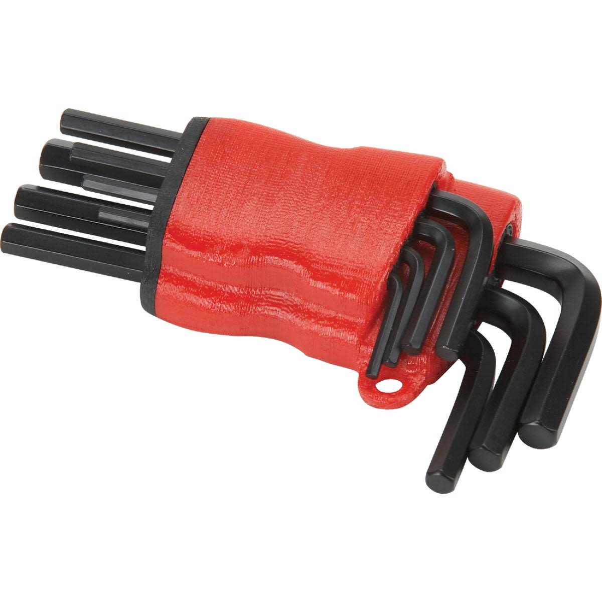 Set of seven short arm standard hex keys with black finish and red holder for home improvement and tool use