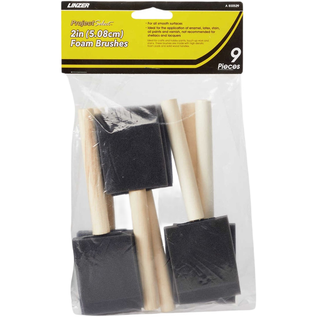 Set of nine 2-inch high density closed foam brushes with wooden handles for paint and stain application collections