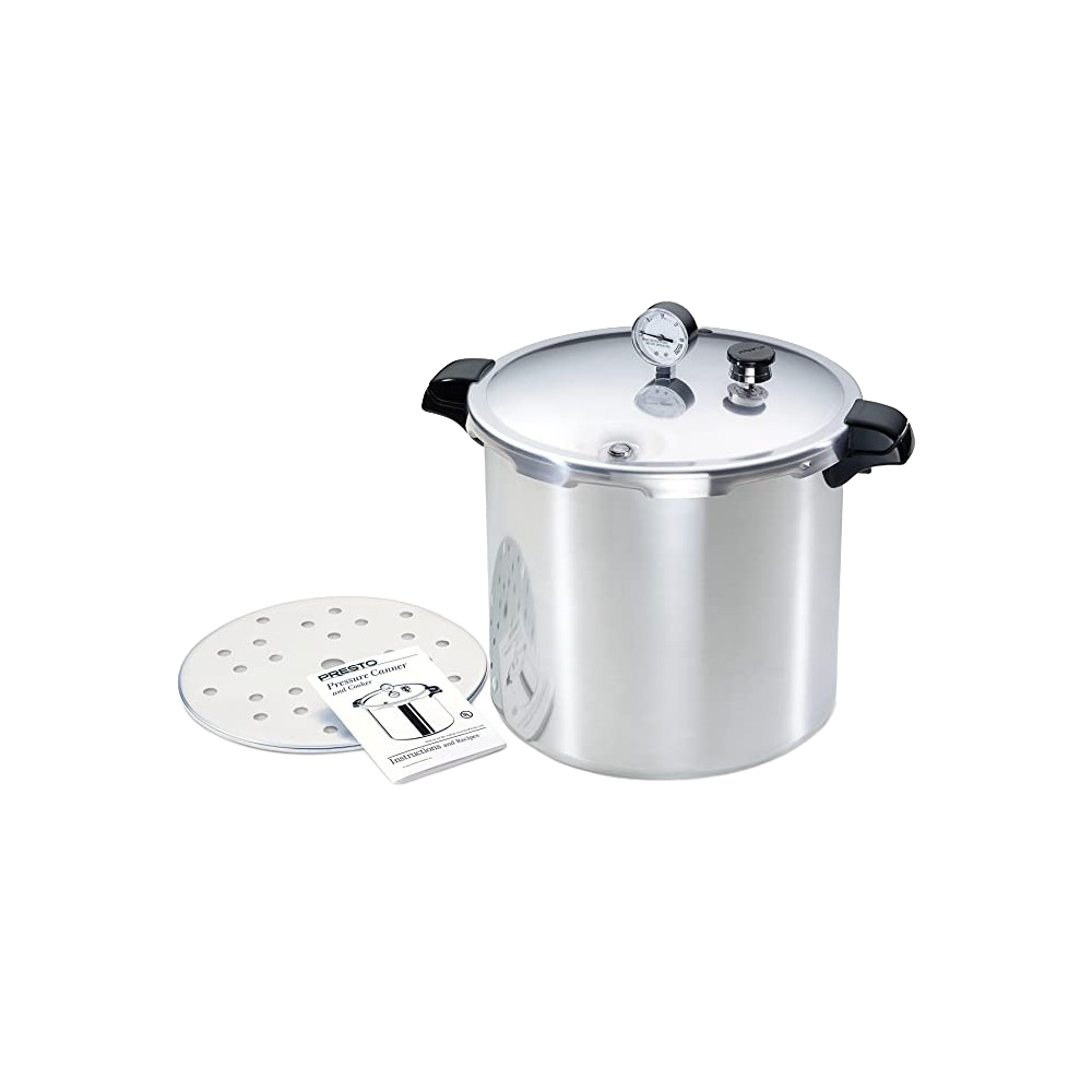 23-quart aluminum pressure cooker and canner with gauge, black handles, and perforated rack for kitchenware collections