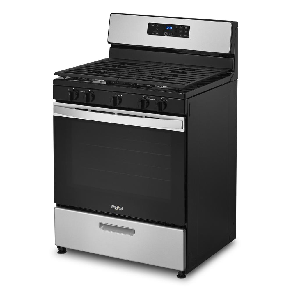 Freestanding gas range with stainless steel accents, edge to edge cast-iron cooktop grates, and digital control panel from Ranges collection