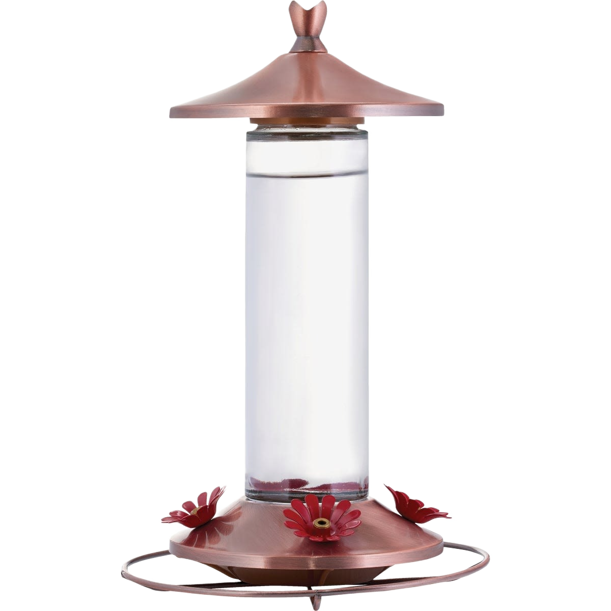 Glass hummingbird feeder with copper-toned metal top and red flower feeding ports for outdoor bird watching