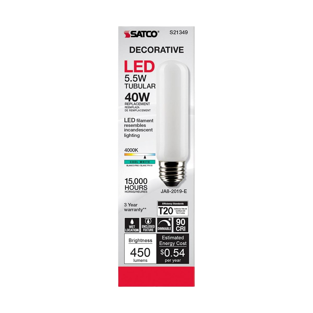 Satco 5.5 watt T10 tubular LED bulb with cool white 4000K light for energy-efficient home improvement lighting
