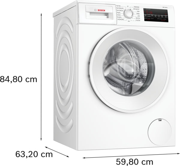Compact front load Bosch washer in white with digital controls and embossed side panel design for small spaces.