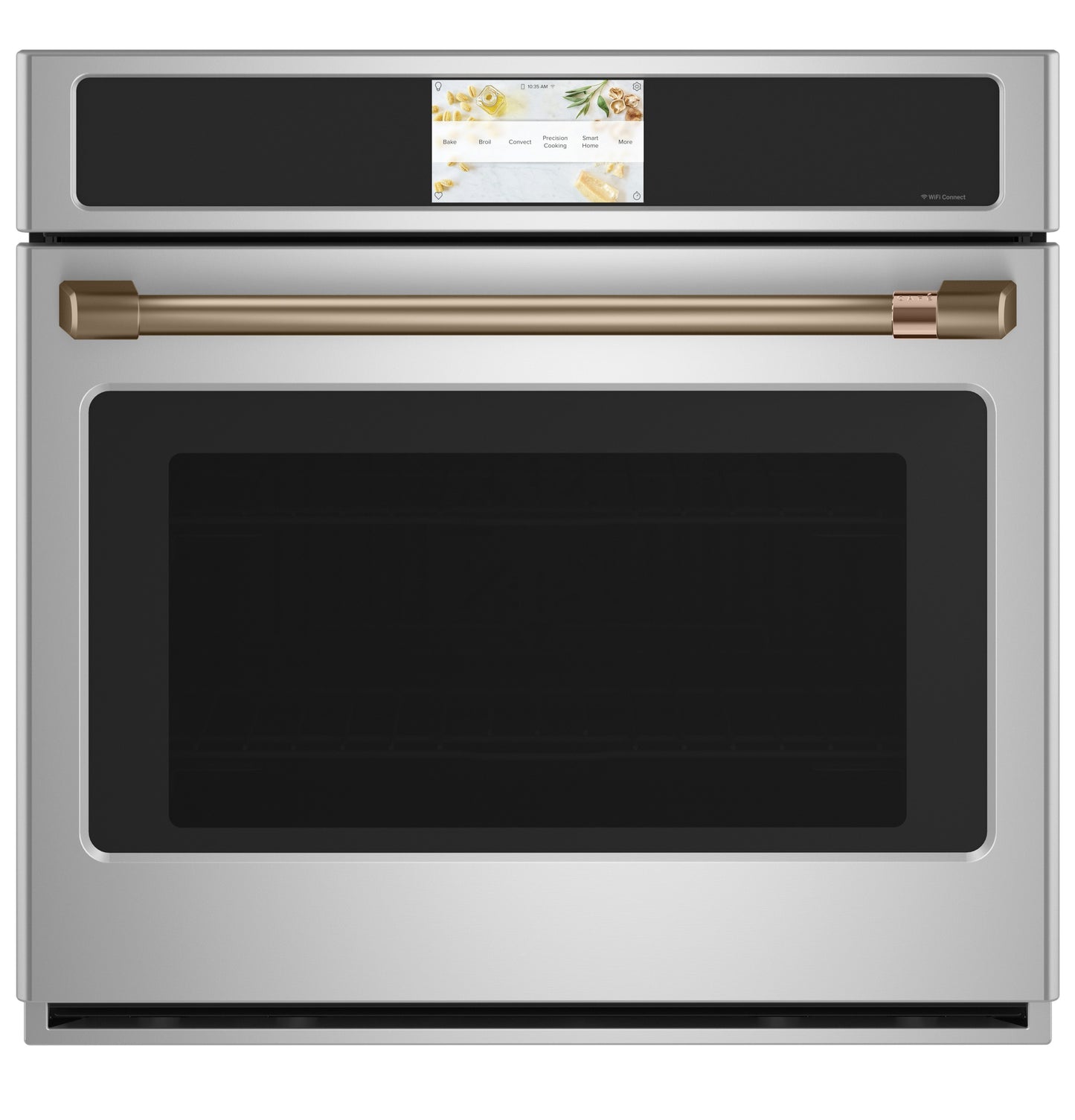 Stainless steel built-in convection wall oven with bronze handle and digital touchscreen from kitchen appliances collection