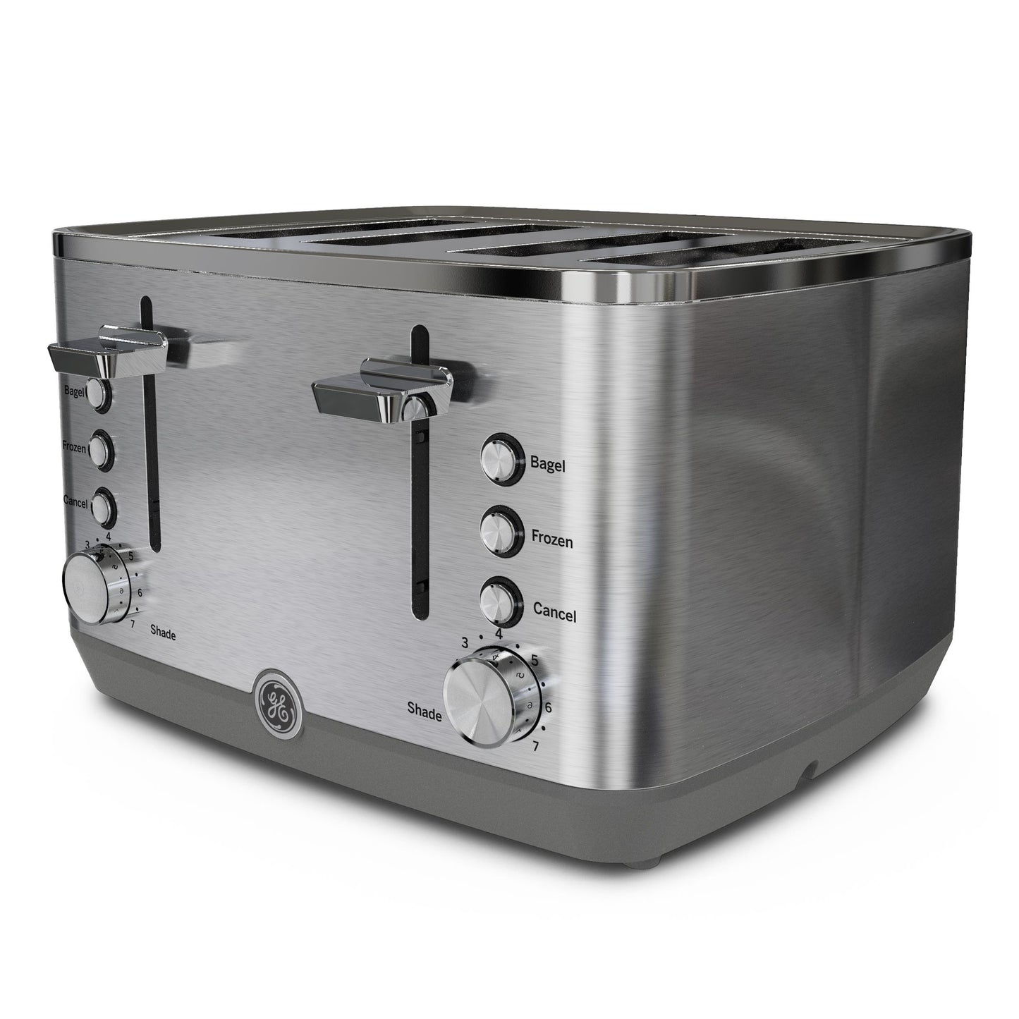 Brushed stainless steel 4-slice toaster with dual browning dials and buttons for bagel, frozen, and cancel functions