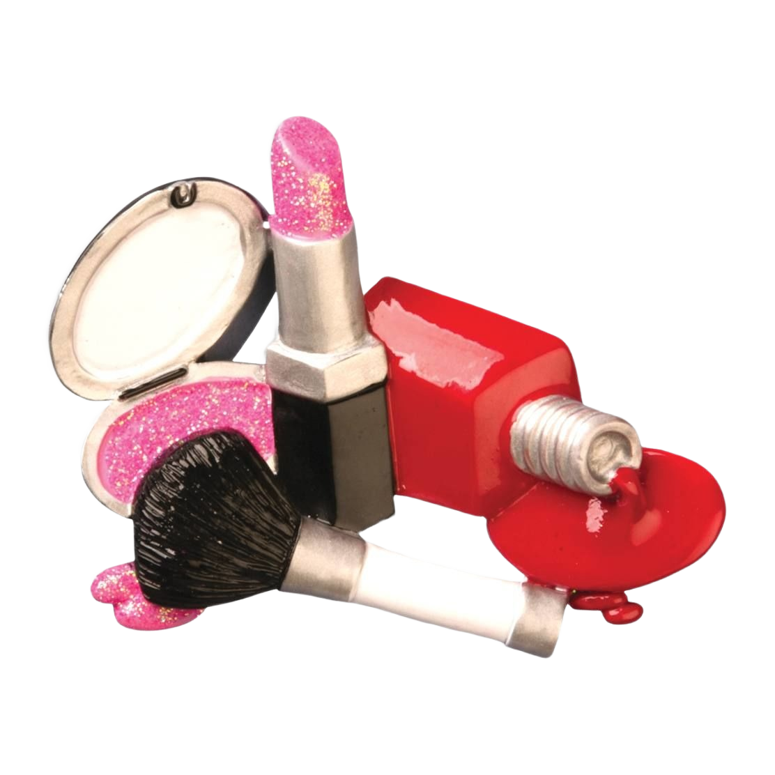 Personalized makeup ornament featuring pink lipstick, compact mirror, brush, and red nail polish, Christmas decoration
