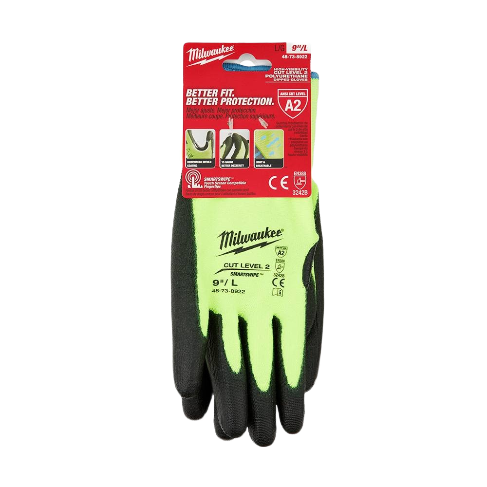 Pair of high-visibility yellow and black cut level 2 gloves with polyurethane coating for safety and work use