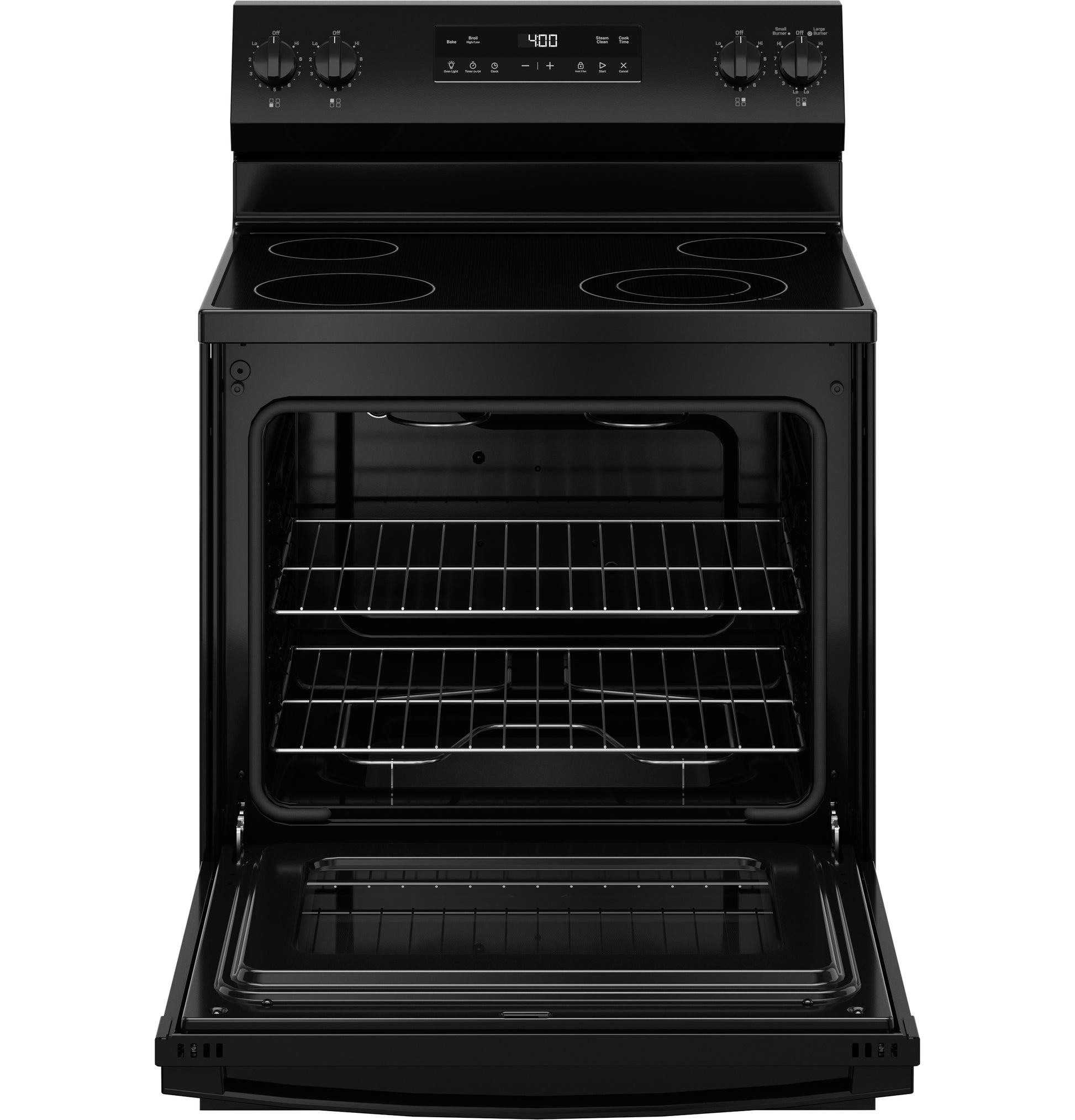 Black freestanding electric range with four radiant burners and open oven door in kitchen appliances and ranges collection