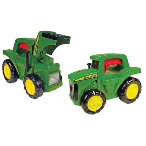 Green and yellow toy tractor with movable parts and red handle for children's imaginative play and home improvement tools theme