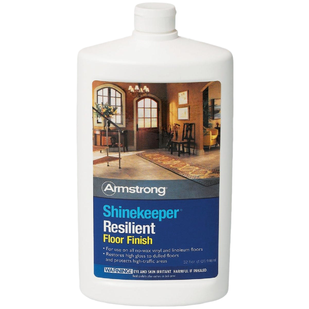 White plastic bottle of resilient floor finish with label showing a cozy home interior for floor care and cleaning supplies collections