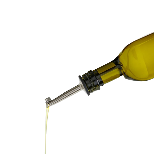 Green glass olive oil bottle with stainless steel pourer, ideal for kitchen storage and food organization under $50 collection