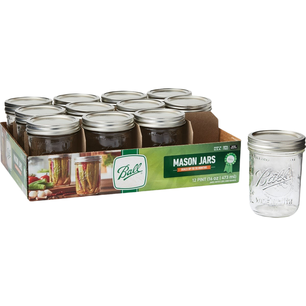 Set of 12 wide mouth pint mason canning jars with metal lids for home food preservation and storage tasks