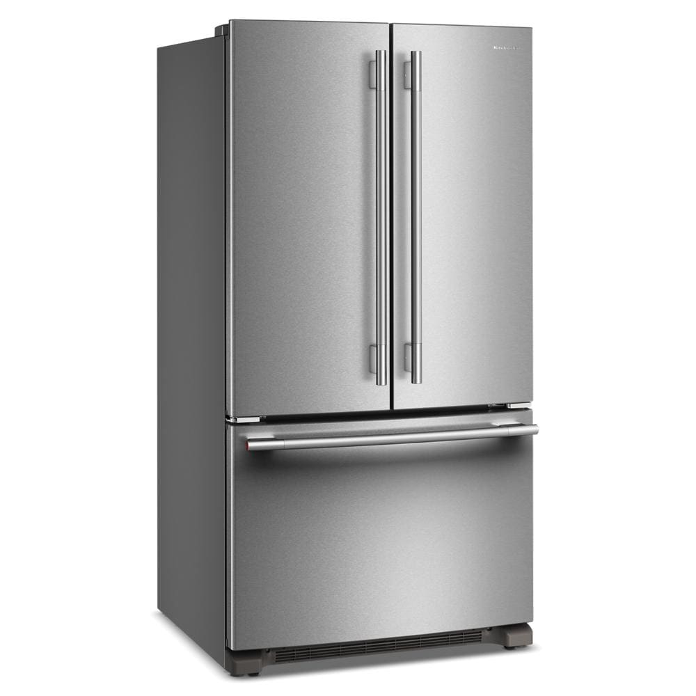 Stainless steel 36-inch French door refrigerator with bottom freezer in KitchenAid appliances for home improvement
