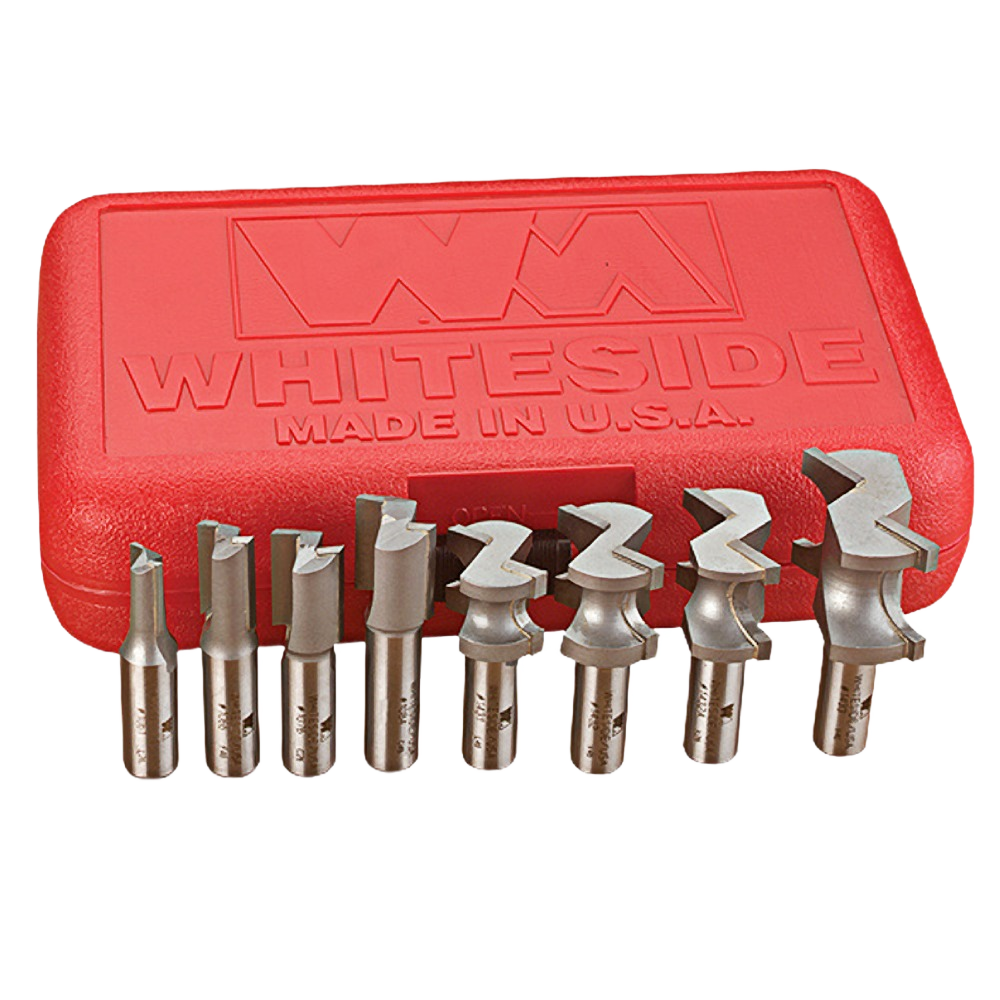 Set of eight steel router bits with 1/2 inch shanks for hinge crafting, paired with a red branded storage case