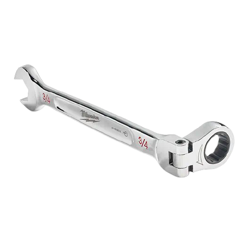 Polished steel 3/4 inch flex head ratcheting combination wrench with engraved size markings for tool use