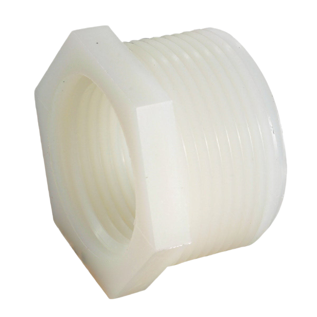 White threaded nylon bushing plumbing fitting with male and female pipe threads in Pipes & Fittings under $50 collection
