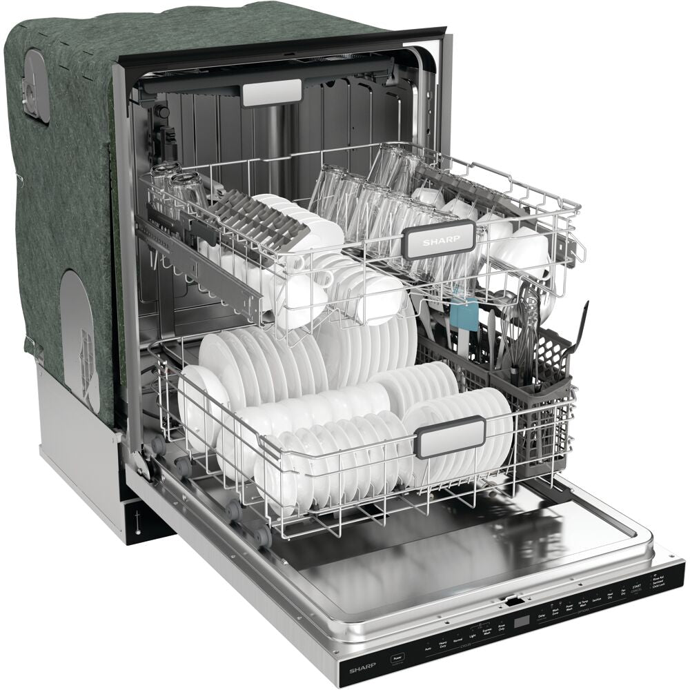 Open dishwasher with upper and lower racks loaded with clean white plates, bowls, and glassware in kitchen appliance setting