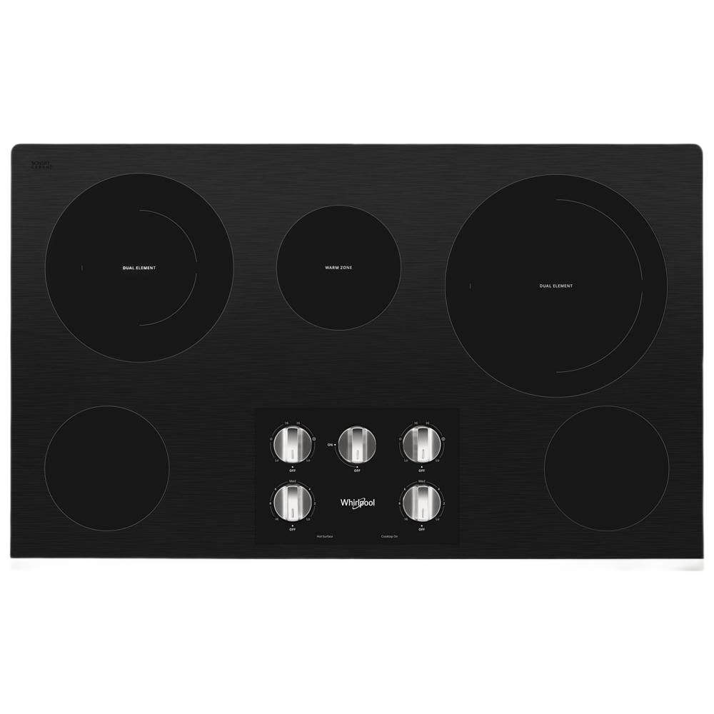 36-inch black electric ceramic glass cooktop with five burners and central control knobs in kitchen appliances collection