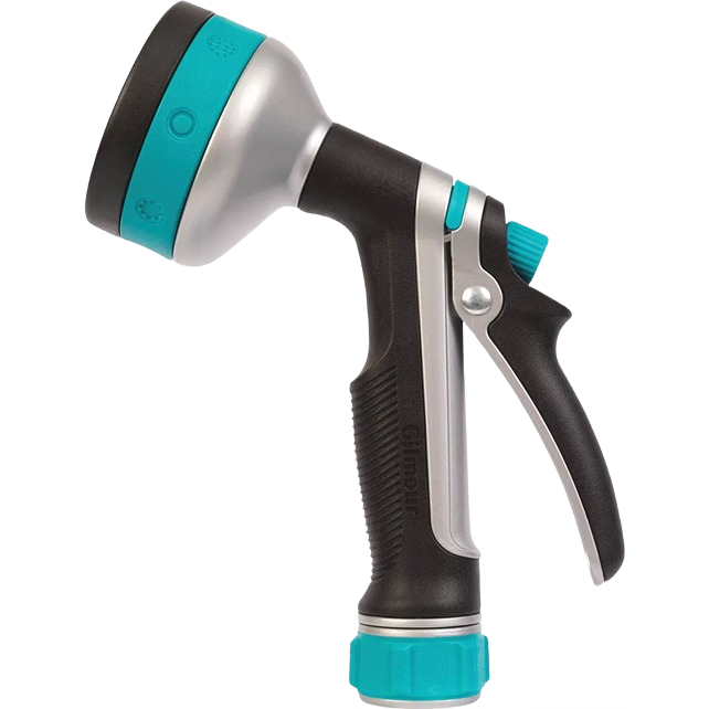 Heavy-duty garden hose nozzle with swivel head and adjustable 8-pattern spray for versatile home improvement watering tasks