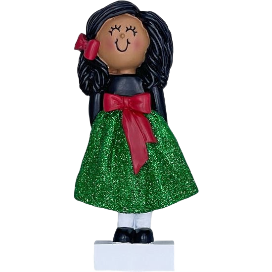 Figurine ornament of African American girl in glittery green skirt and red bow for Christmas Decorations collection