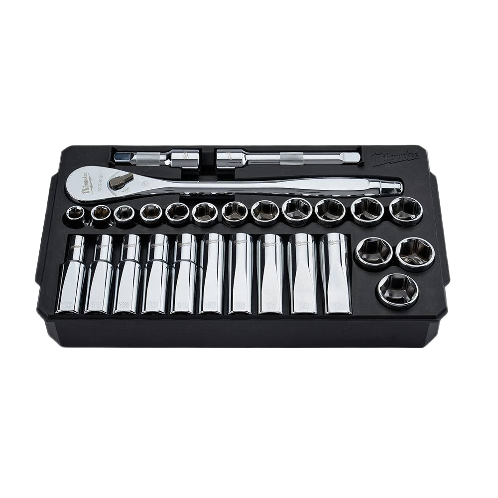 Chrome metric sockets and ratchet set organized in a black tray for hand tools and woodworking applications