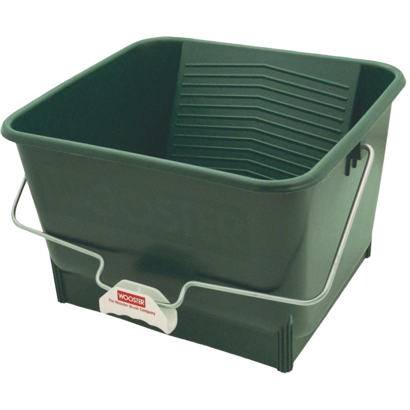 Green plastic painter’s bucket with metal handle and textured interior for paint and cleaning tools collection