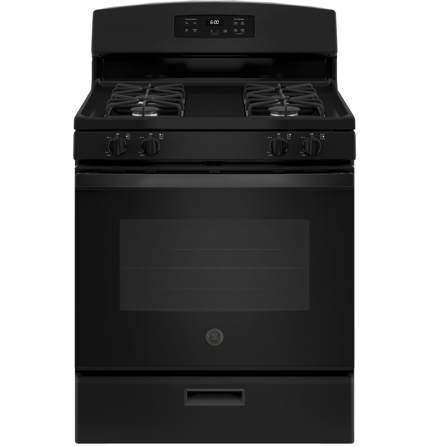 Black free-standing gas range with four burners, control knobs, and digital display in kitchen appliances collection
