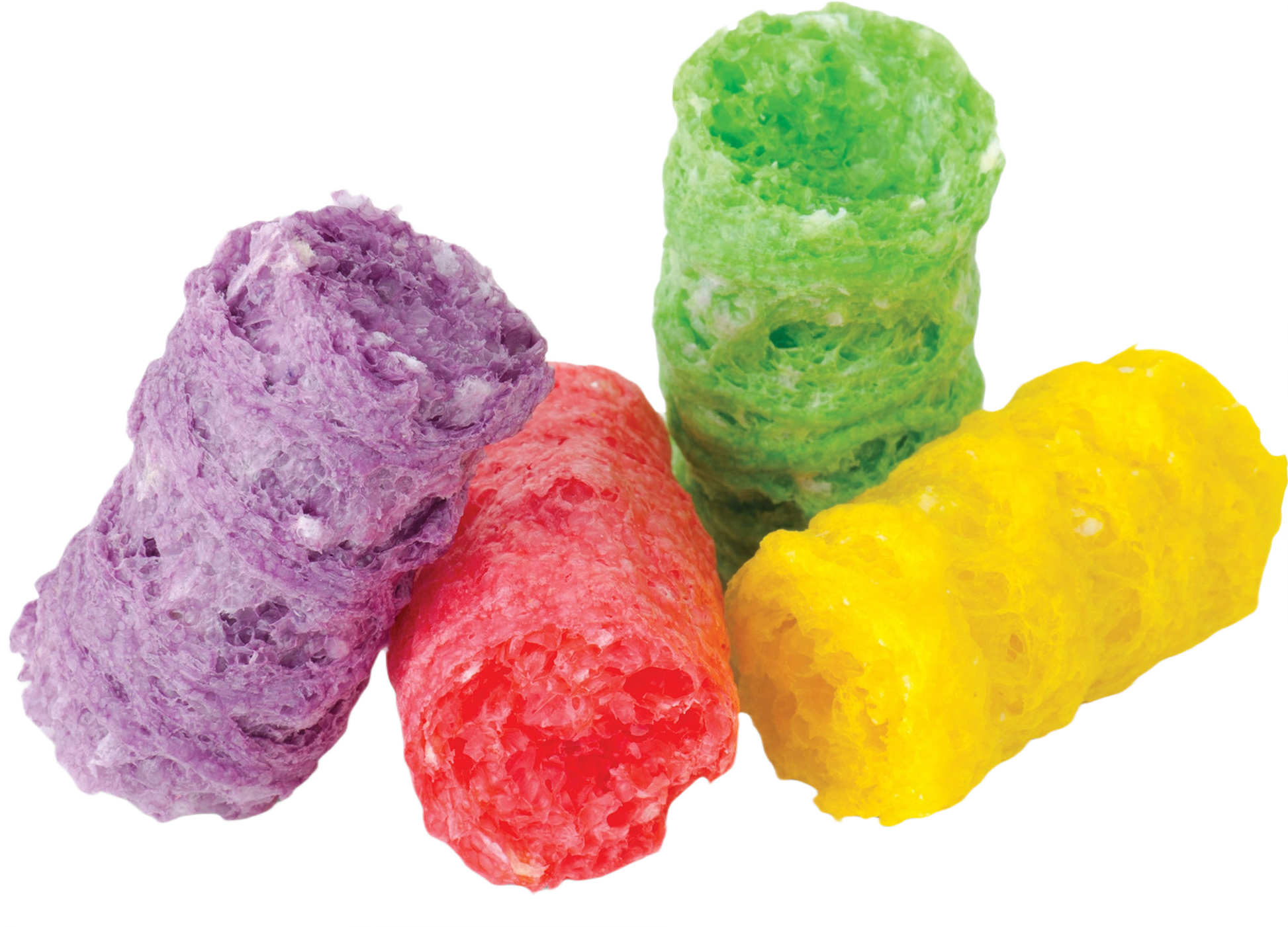 Colorful small rice pops in purple, red, green, and yellow with a textured, porous surface for crafting or sensory use