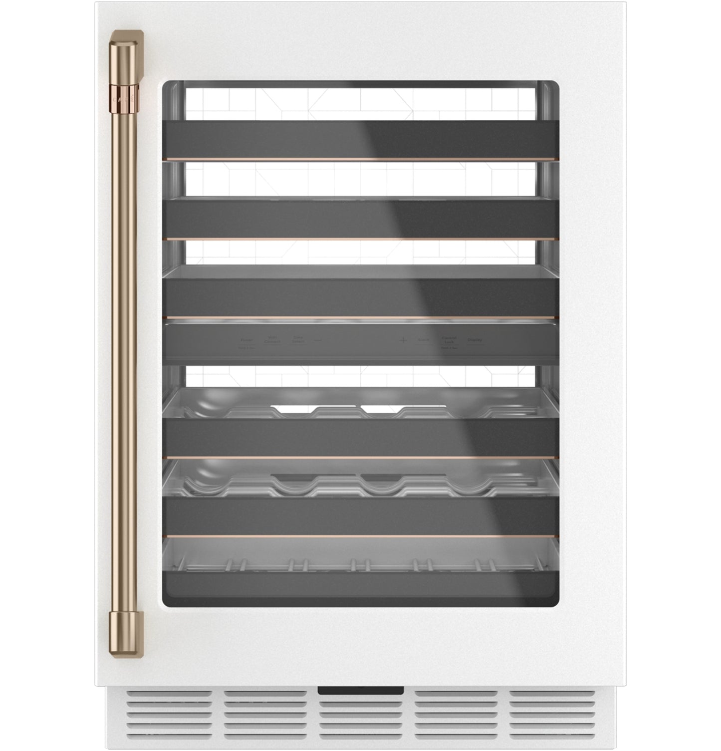 White beverage center with glass door, bronze handle, and metal shelves for wine storage in kitchen appliances collection