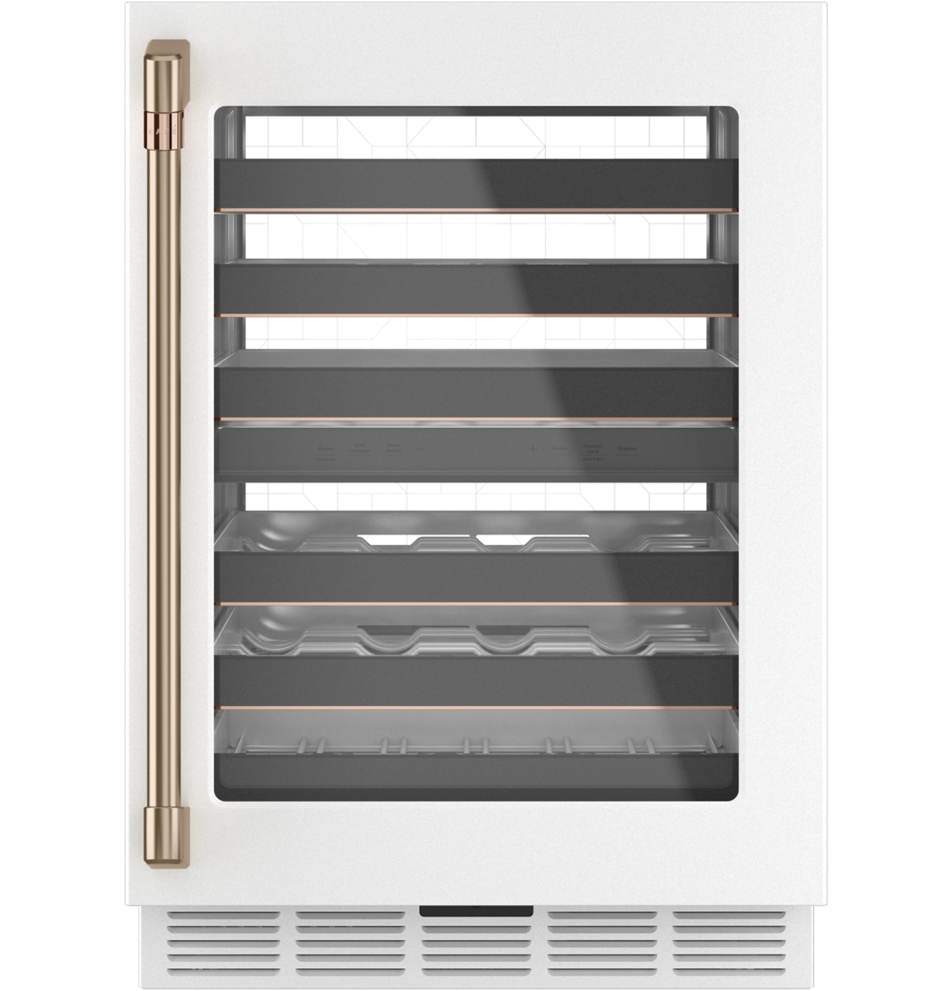White beverage center with glass door, bronze handle, and metal shelves for wine storage in kitchen appliances collection