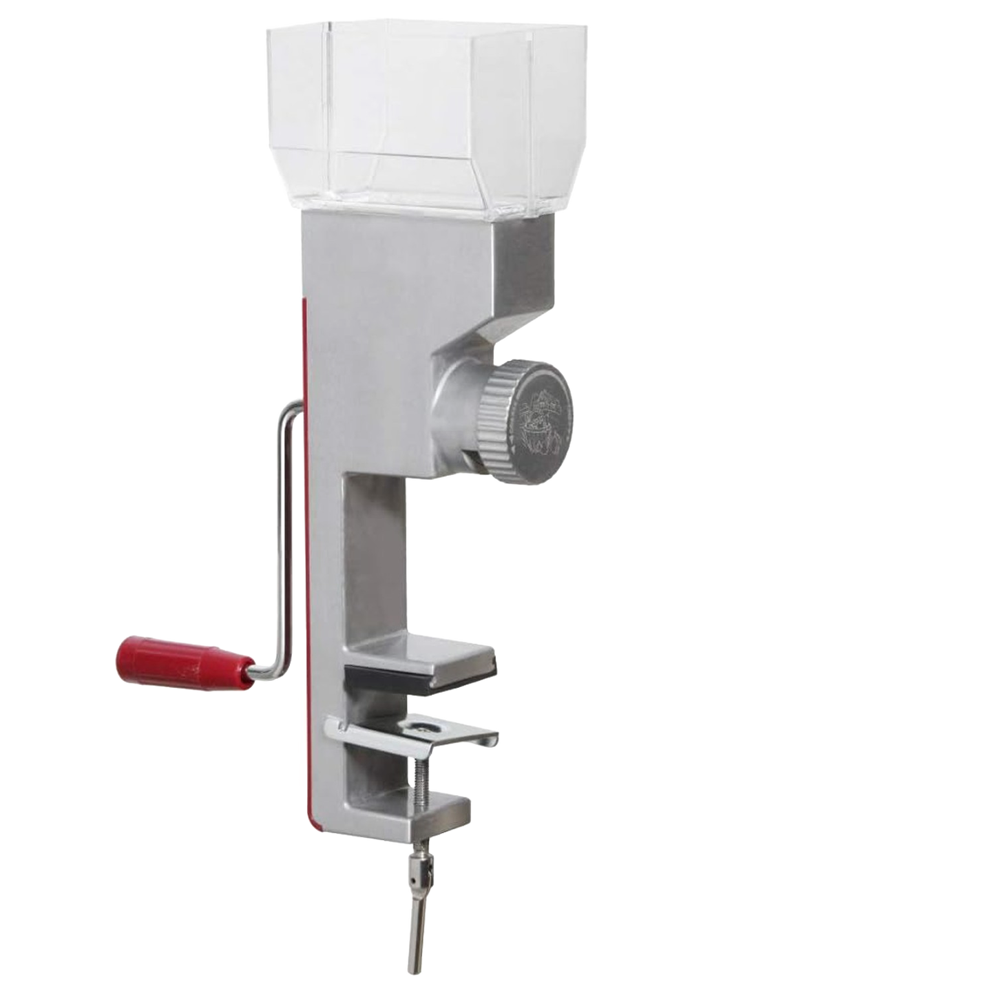 Metal grain mill with clear hopper and red handle, clamp base, suited for kitchen gadgets and small appliances collection