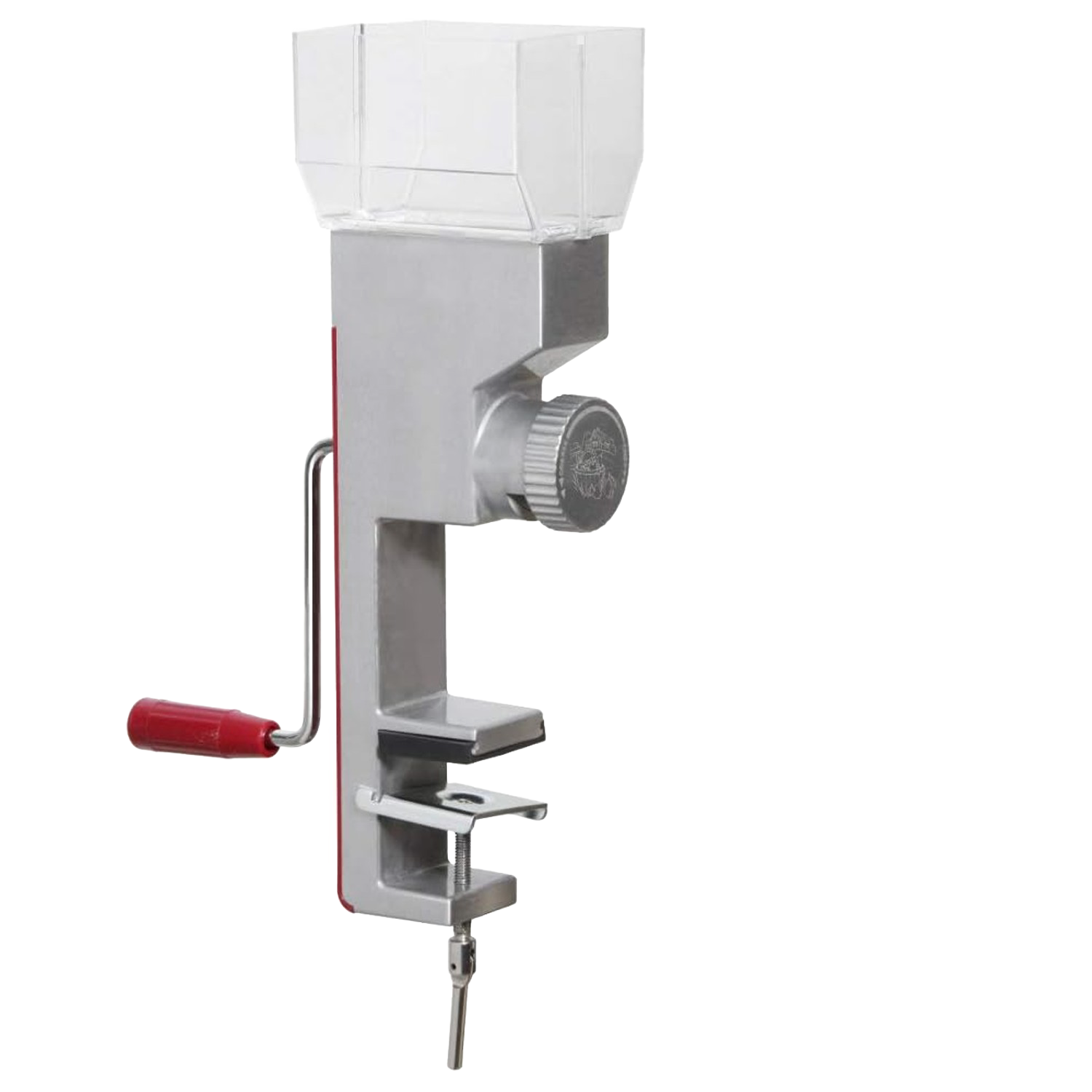 Metal grain mill with clear hopper and red handle, clamp base, suited for kitchen gadgets and small appliances collection