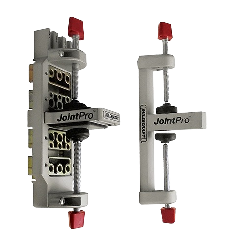 Dual clamping doweling jig with adjustable hardened steel bushings for precise woodworking joint alignment and tool accessories