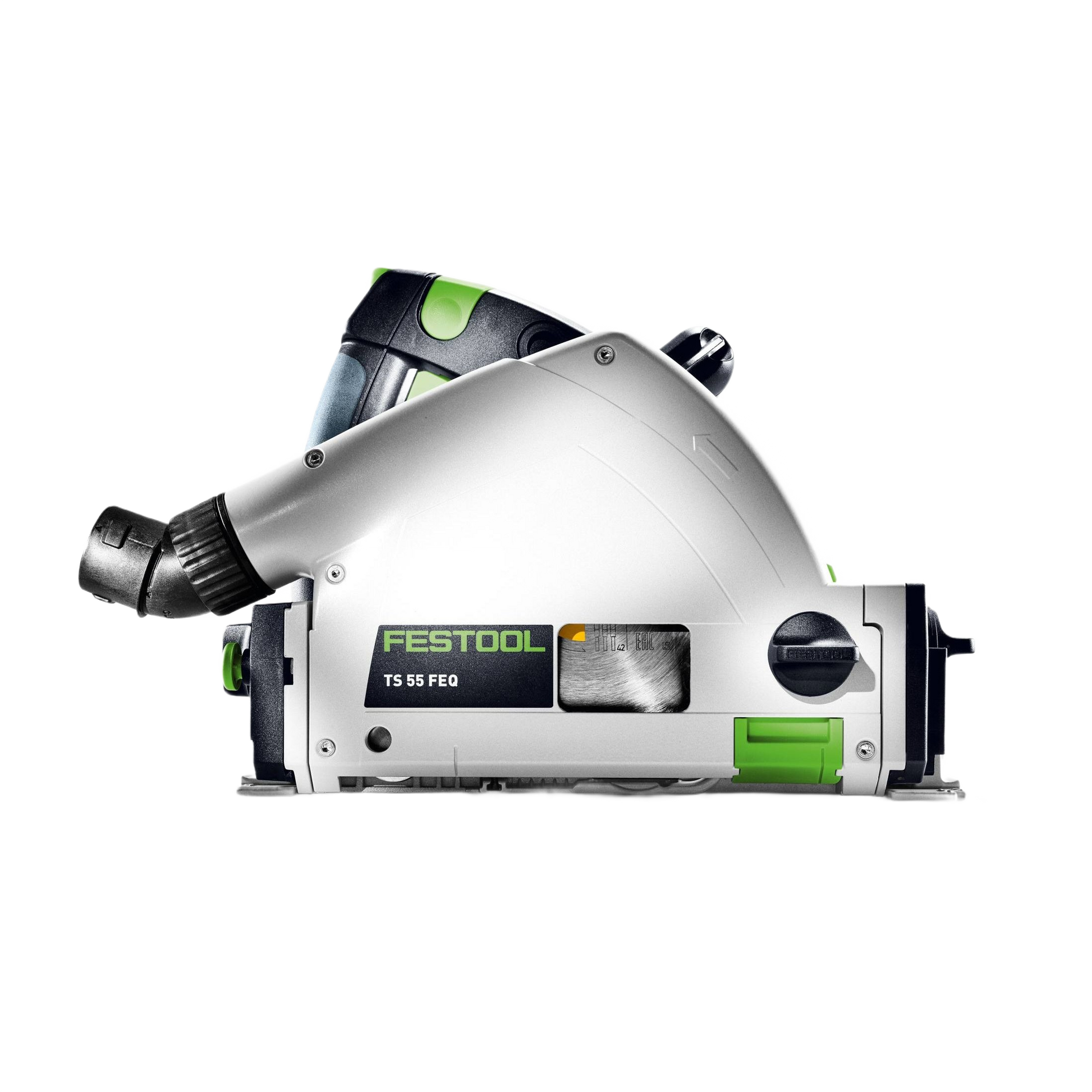 Silver and black plunge-cut track saw with green accents for precision cutting in electric power tools collections