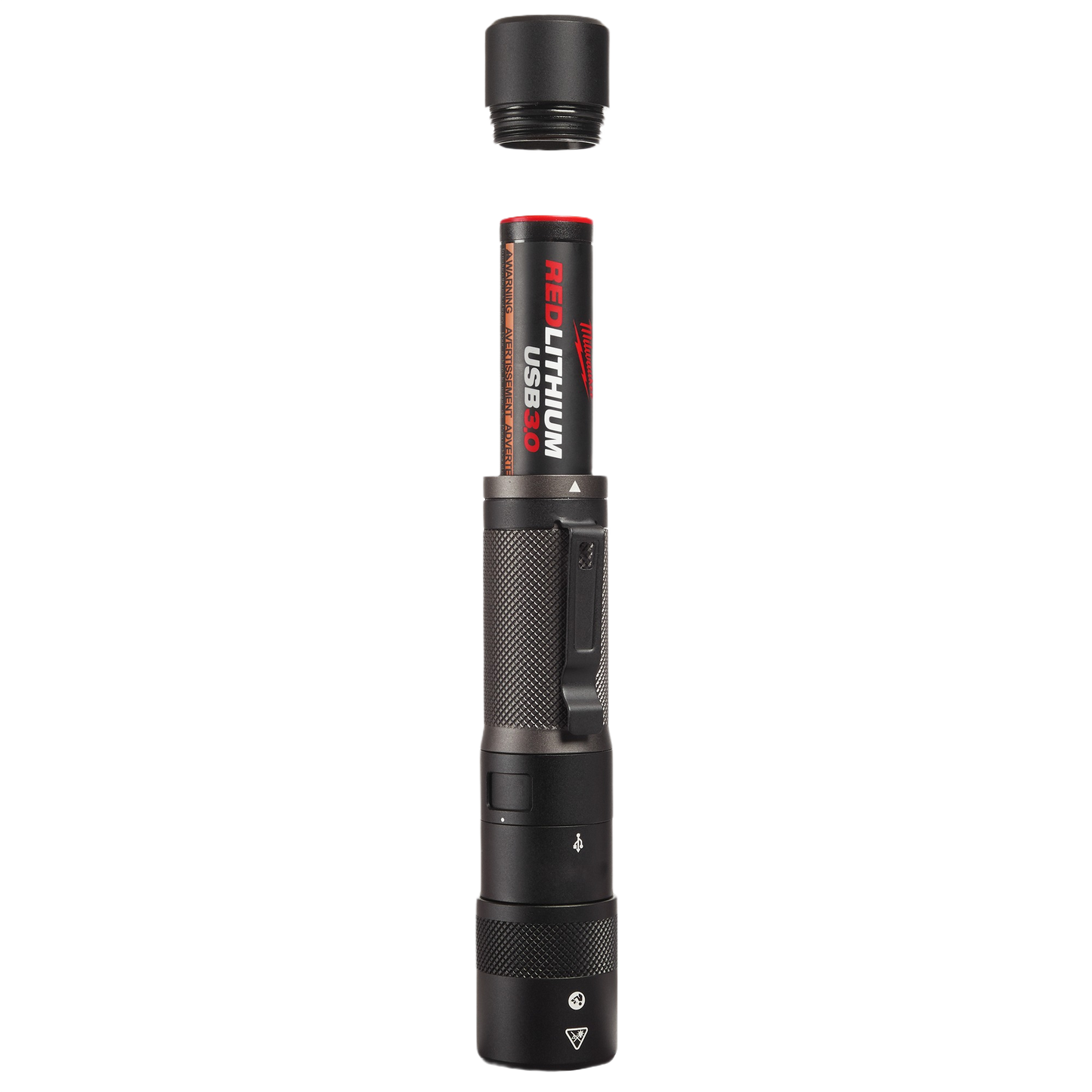 Black USB rechargeable flashlight with textured grip and removable battery for home improvement tasks