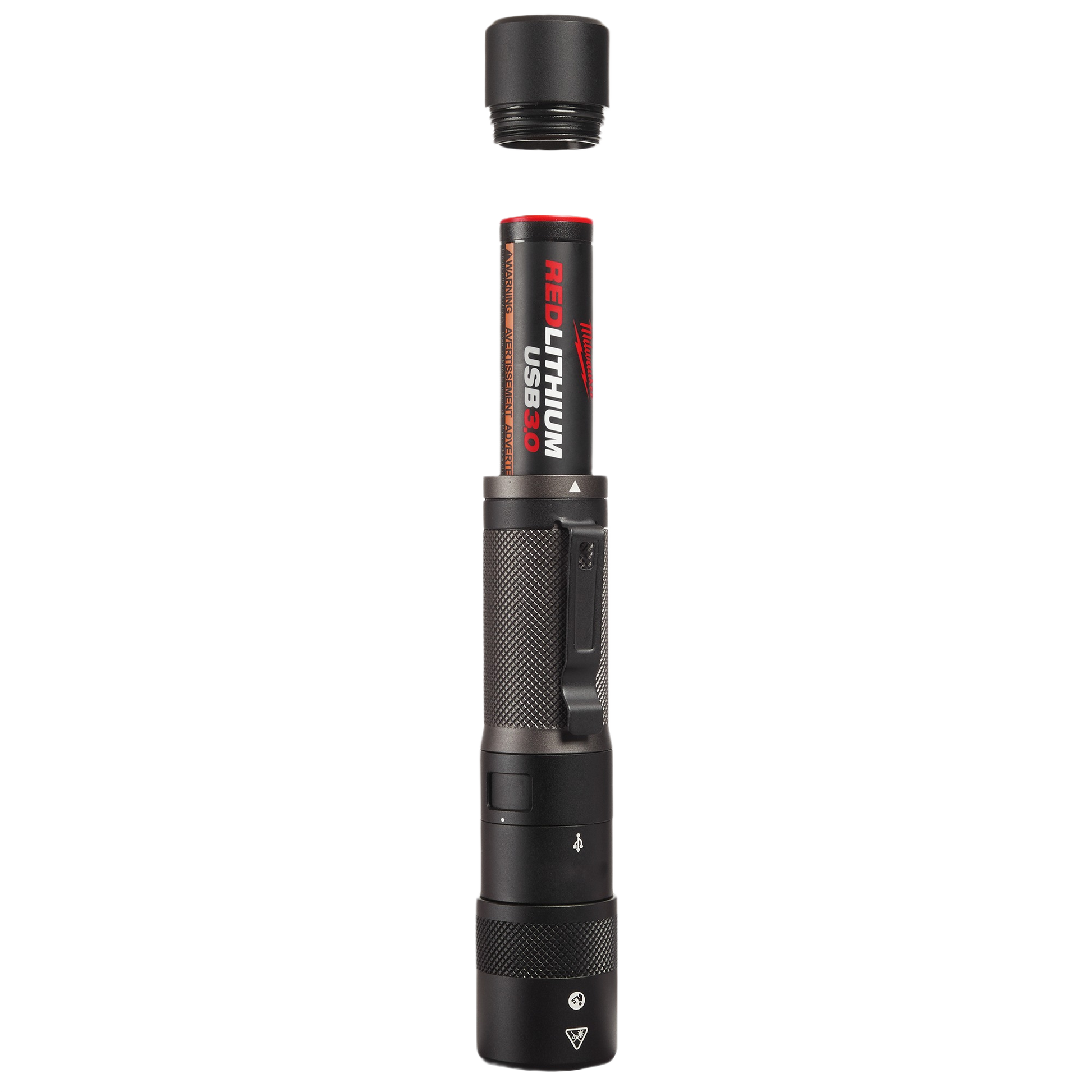 Black USB rechargeable flashlight with textured grip and removable battery for home improvement tasks