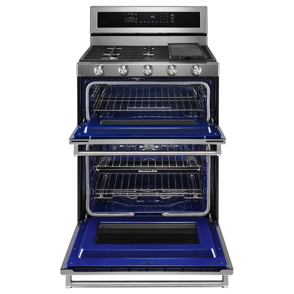 Open dual oven convection range in stainless steel with five burners and blue interior, part of Ranges, Kitchen & Kitchenware, KitchenAid, Appliances, and Ranges & Cooktops collections.