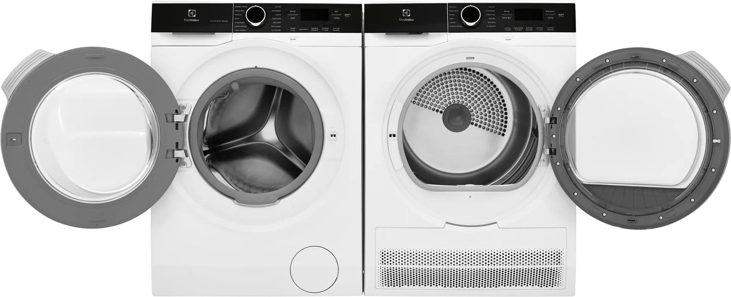 White front load washer and ventless dryer with open doors, digital controls, in washers and dryers appliance collection
