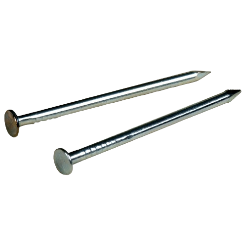 Two galvanized wire nails with smooth heads and pointed tips, perfect for hardware and fastener uses in home improvement.