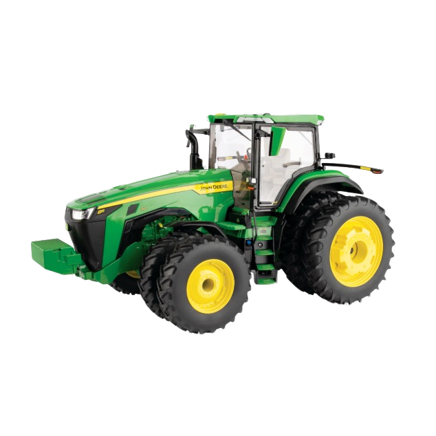 Green and yellow scale model tractor with detailed cab and large treaded tires for collectors and enthusiasts