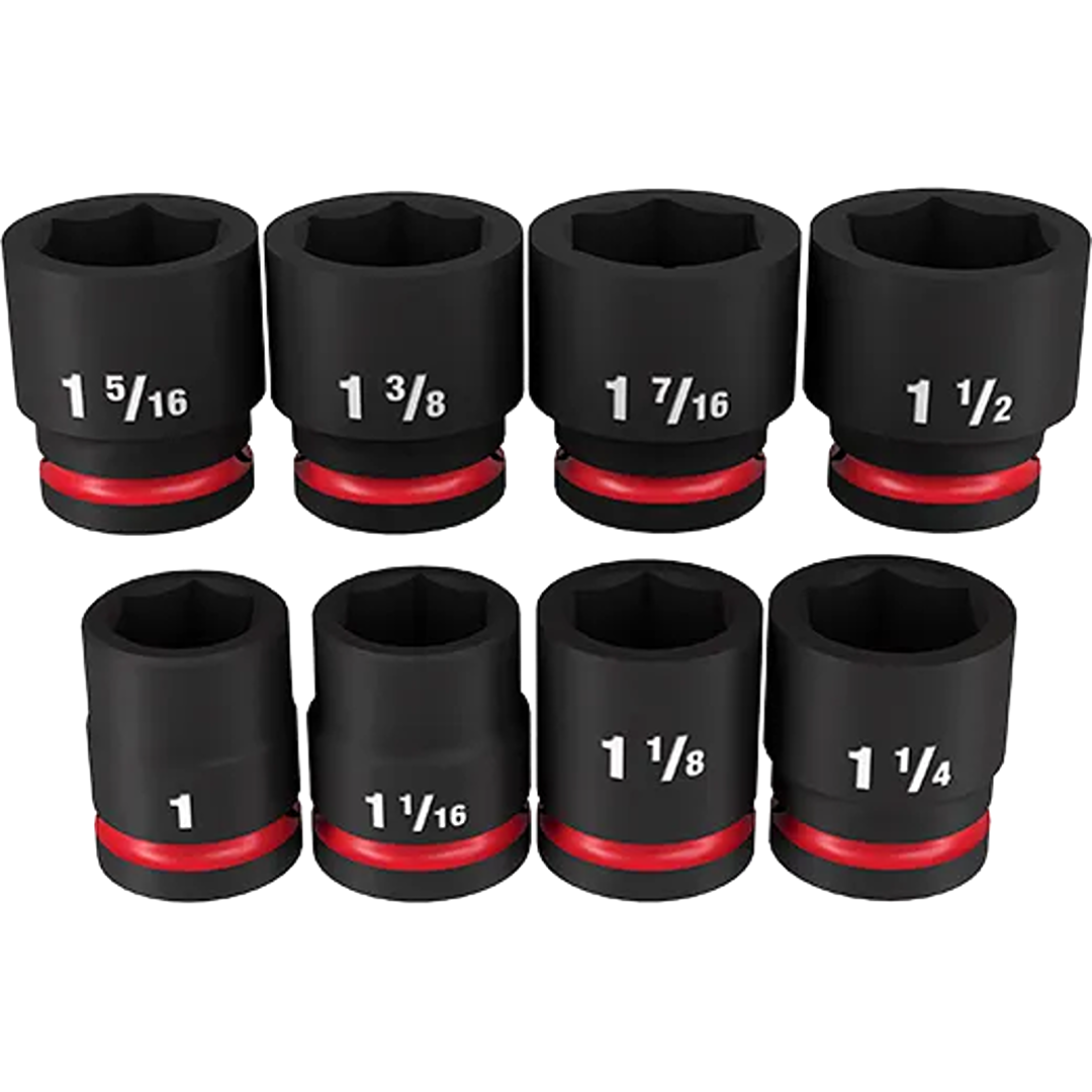 Set of eight black 6-point impact sockets with red accents for heavy-duty tool and home improvement use