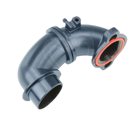 Black curved intake manifold tube with integrated gasket for automotive and John Deere engine parts collections