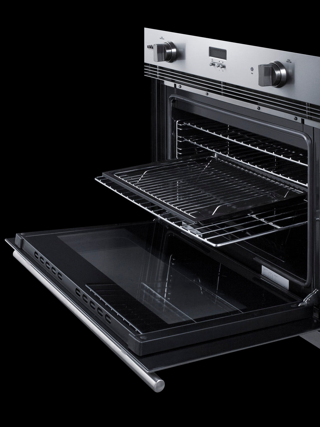 30-inch stainless steel wall oven with open door showing interior racks, designed for kitchen and home appliances.