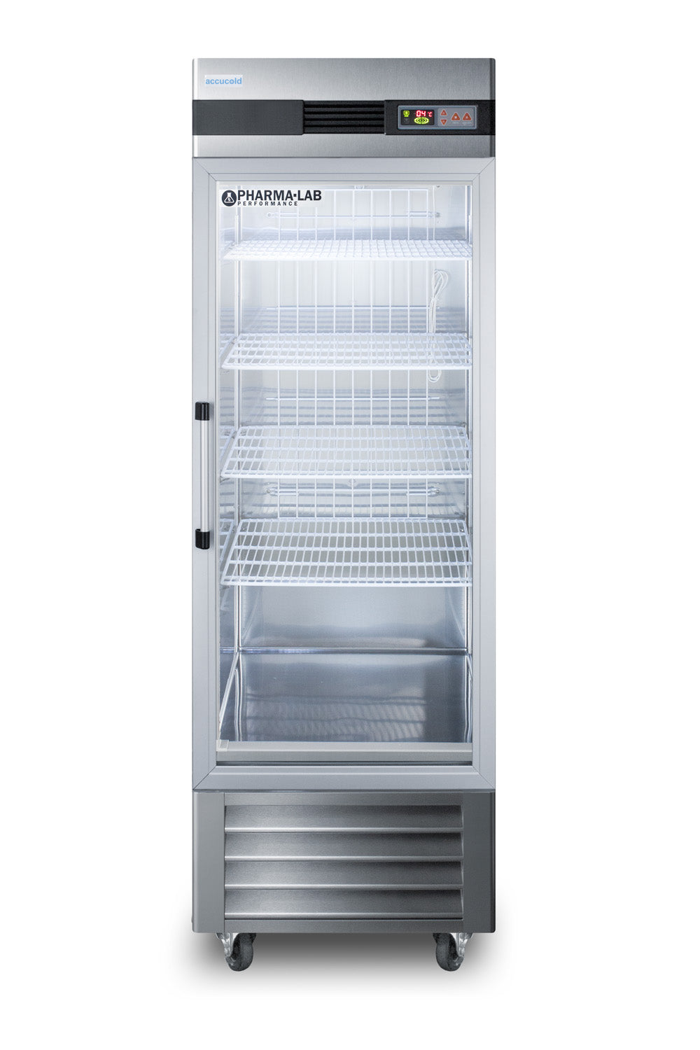 Upright pharmacy refrigerator with glass door, wire shelves, and digital control panel in appliances collection