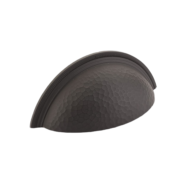 Oil rubbed bronze cup pull with textured knurled edge, designed for cabinetry hardware and furniture accessories.
