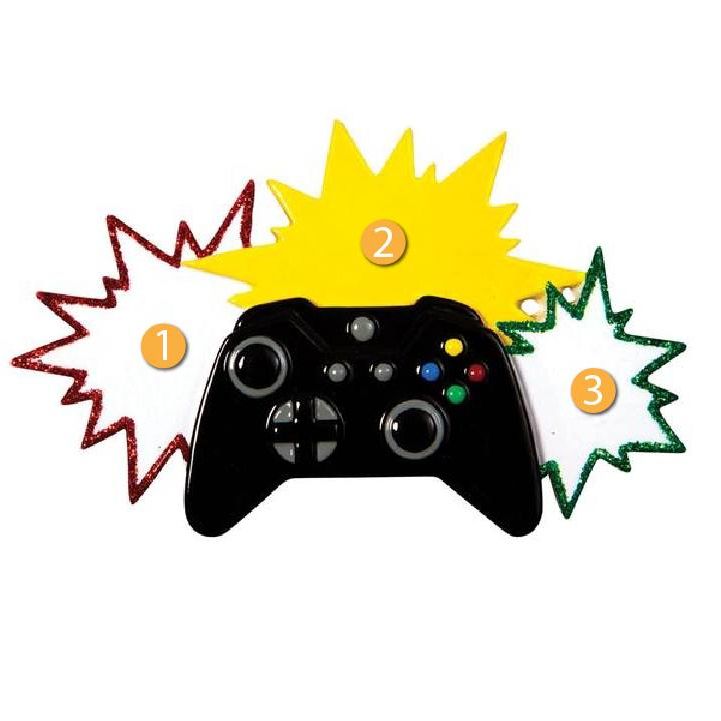 Black video game controller ornament with red, yellow, and green starburst accents for Christmas tree decoration under $50 collection
