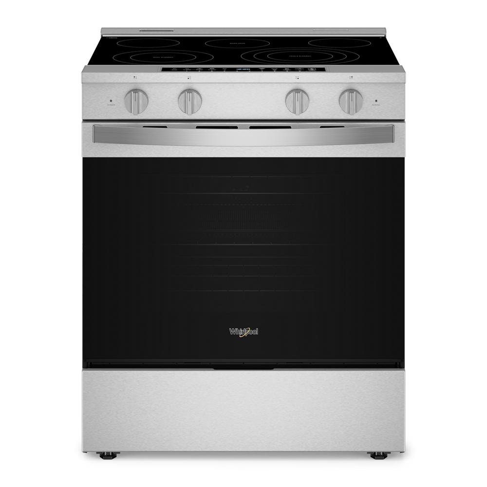 30-inch stainless steel slide-in electric range with smooth cooktop and four control knobs in ranges collection