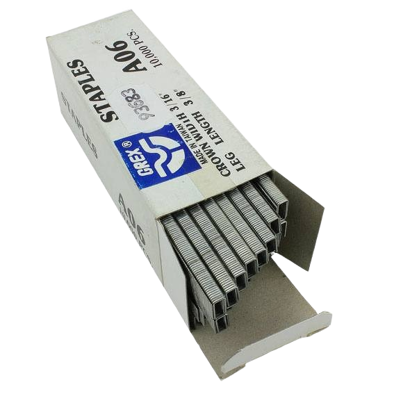 Box of Grex crown staples with 3/8 inch legs for use in tools and home improvement projects
