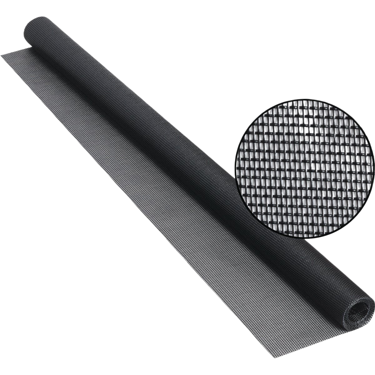 Roll of black pet-resistant screen mesh with close-up inset showing fine woven texture for home improvement use